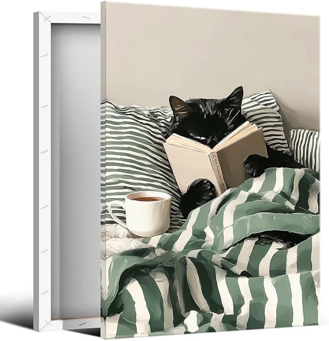 Funny Black Cat Canvas Wall Art, Cute Cat Reading Book In Bed with Coffee Aesthetic Poster, Cozy Striped Green Bedroom Animal Wall Decor, Bookish Art Print for Book Pet Lover 24x36in Wrapped Canvas