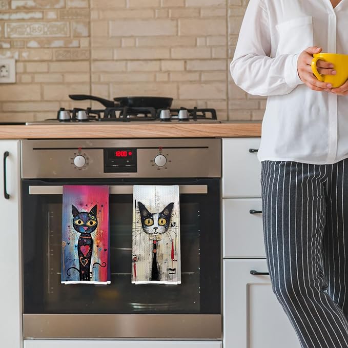 Black Cat Kitchen Towels Set - Cat Lovers Mom Gifts Waffle Decorative Dish Towels, Abstract Whimsical Kitten Hand Towel for Bathroom, Tea Towel, 16x24 Inch
