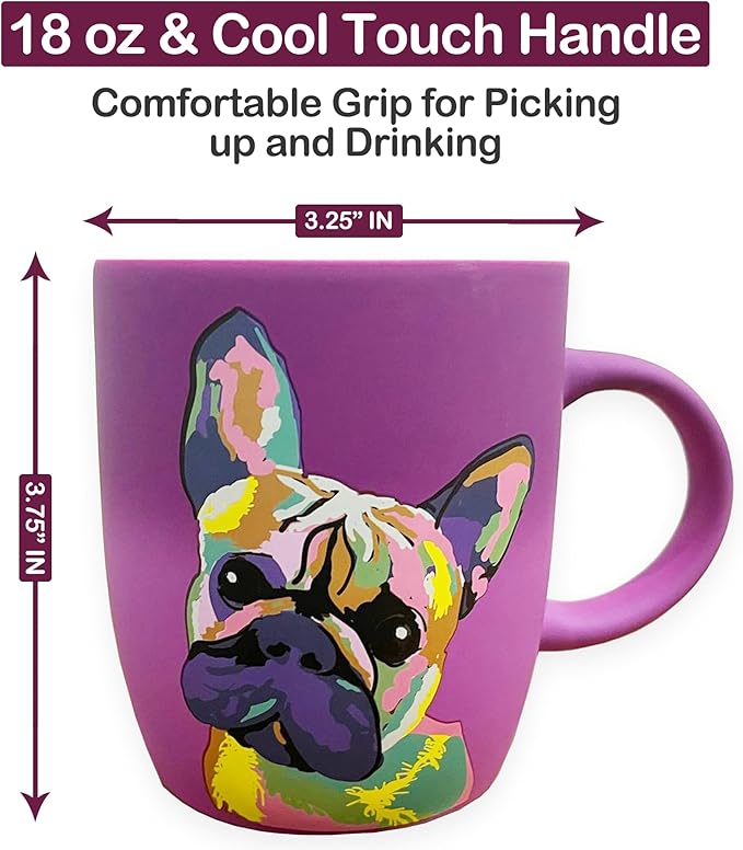 Soft Touch French Bulldog Purple Mug - 18 Oz Coffee Cup with Premium Packaging - Tea Ceramic Travel Mug for Adults – Medium Coffee Mug for Adults