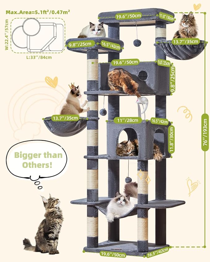 Taoqimiao Cat Tree Tower, 76-Inch Sturdy Cat Tree for Indoor Cats Large Adult Cat Tower with Scratching Posts，2 Condos, 2 Perches, 2 Large Hanging Baskets, Soft Hammock, MS046G Smoke Gray