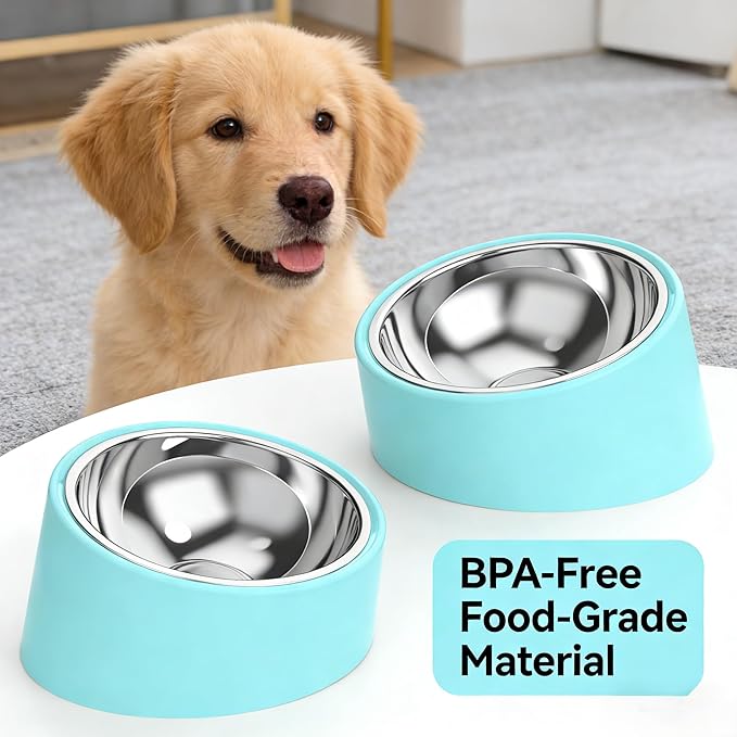 Small Light Blue 15° Slanted Dog Water Bowl - Elevated Raised Pet Dish with Removable Stainless Steel Inner Bowl, Ergonomic Tilt Design for Easy Drinking