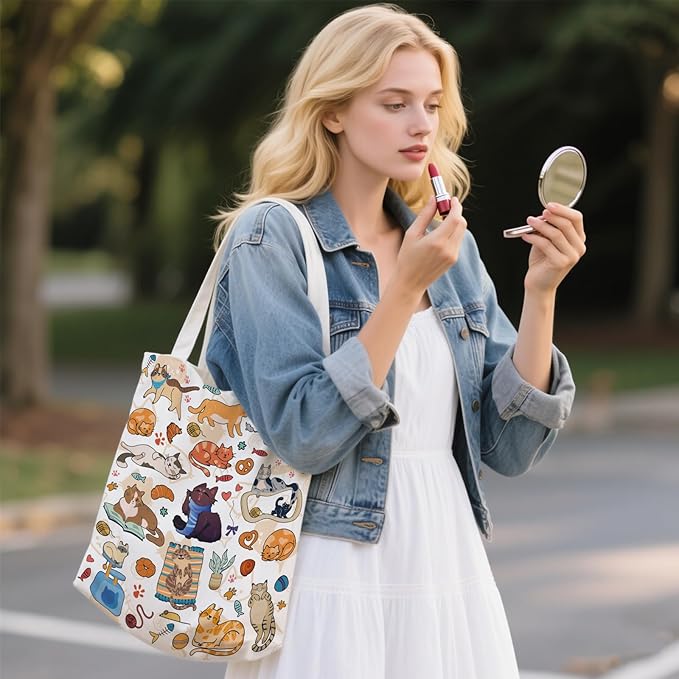 Aesthetic Canvas Tote Bag for Women - with Magnetic Snap Closure & Zipper Inner Pocket Reusable Bag for Shopping