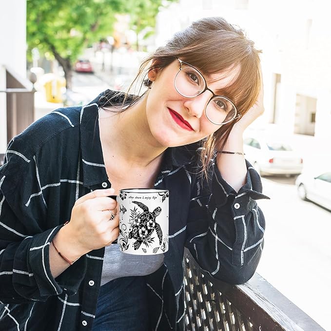 Sea Turtle Coffee Mug 11 Oz Sea Turtle Gifts Mothers Day Birthday Gift for Women Men, Boho Black and White Coffee Mug, Birthday Gifts for Friends Ceramic Mugs Microwave and Dishwasher Safe