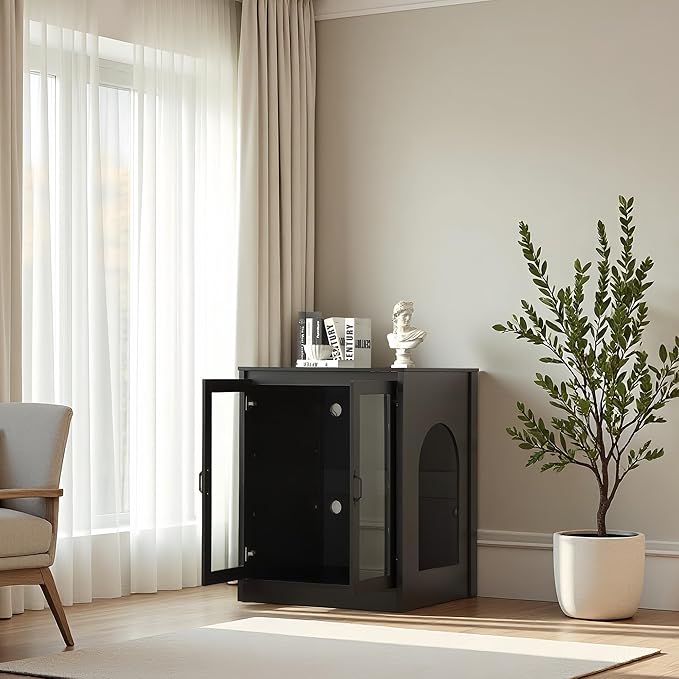 Cat Litter Enclosure with Cat-Viewing Glass Doors, Litter Cabinet with Power Outlet and Cozy LED Lights, Reversible and Optional Entry, Black