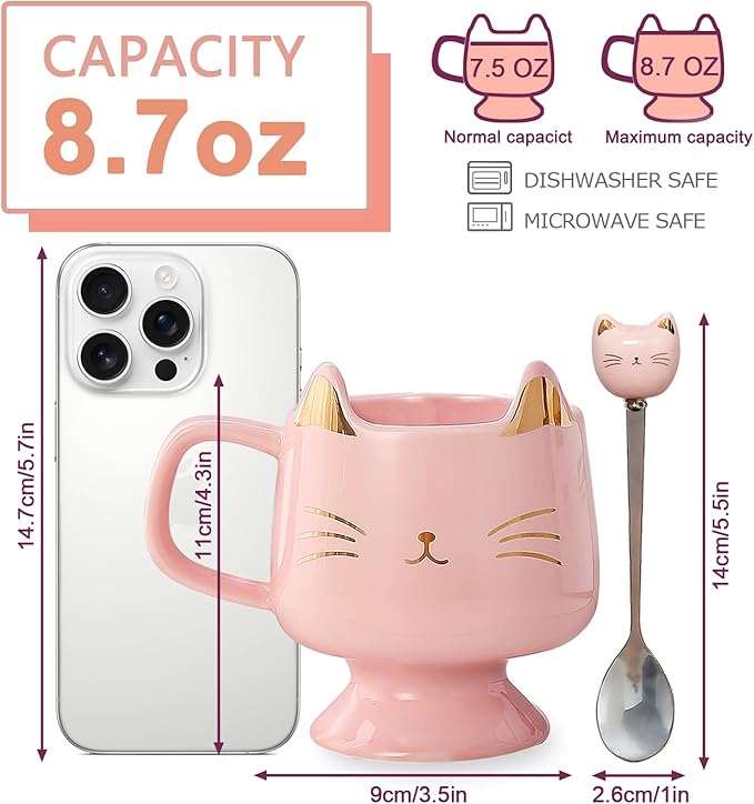 Christmas Mugs High-Footed Ceramic Cat Mug – 13.5oz Unique Coffee Cup with kitty Expression Design, Fun Gift for Women, Girls, Kids, Cat Lovers (pink)