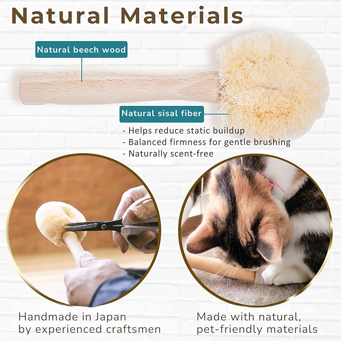 Cat Brush for Indoor Cats – Soft Gentle Natural Sisal Cat Grooming Brush & Cat Massage Brush, Collects Loose Surface Fur (Not a Heavy Deshedding Tool), Handmade in Japan (Type-A)