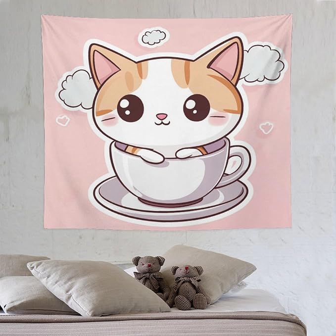 MaSiledy Tapestry Kawaii Cat Tapestry for Bedroom Aesthetic Cute Kitten Cat Meow Tapestry Wall Hanging Wall Hanging for Living Room Dorm Landscape 50"x60" Tapestries for Bedroom Living Room Dorm