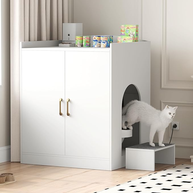 Heybly Litter box Enclosure,large Cabinet with Charging Station,Wooden Cat Litter Box Enclosure Furniture for Self-Cleaning Robot 3 & 4,Hidden for Smart Litter Box Size for senior cats,White HCLB005WT