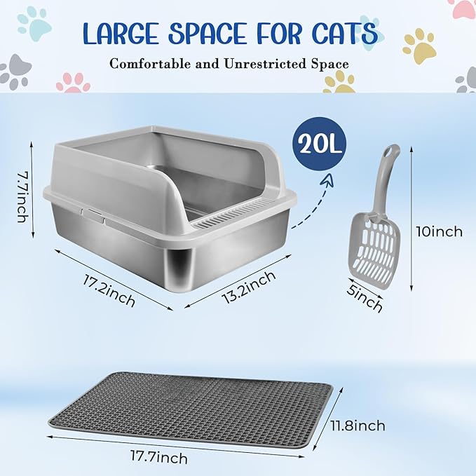 Stainless Steel Cat Litter Box with Lid, High Wall Kitty Litter Box for Small Cats, Metal Kitty Litter Box, Non-Sticky, Anti-Leakage, Easy Cleaning, Include Cat Mat and Scoop, 17.2"x13.2"x7.7"