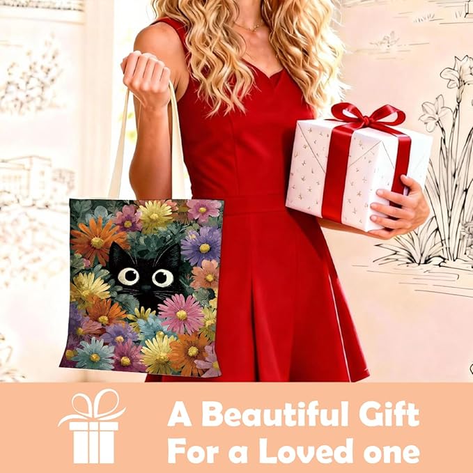 Canvas Tote Bag for Women, Black Cat and Floral Print Aesthetic Handbag, Cute Animal Reusable Shopping Bag for Work Travel Beach Grocery, Cat Lover Gift, Daily Use Tote