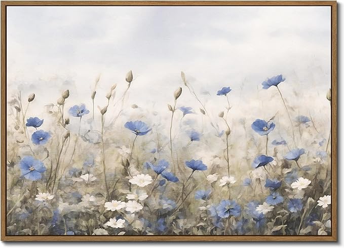 Vintage Floral Wall Art Blue White Flower Canvas Art Prints Wildflower Pictures Wall Decor Nature Landscape Oil Painting Framed Botanical Artwork for Girls Room Bedroom Farmhouse Decoration, 20''x28''