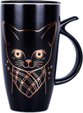 WHJY 20oz Large Black Cute Cat Ceramic Coffee Mug Cup with Splash-proof Lid, Cat Tail Shape Handle, Animal Cat Mug Tumbler (black)