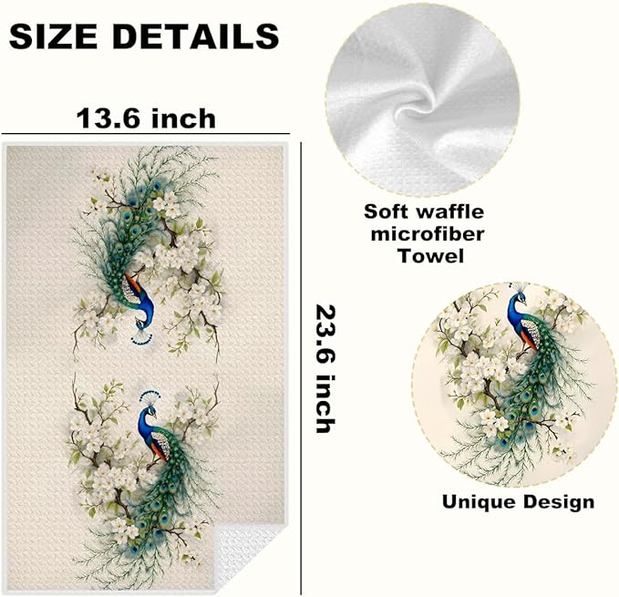 Elegant Peacock Kitchen Towels, Vintage Decorative Absorbent Microfiber Dish Cloth Tea Towel, Waffle Soft Hand Towels for Farmhouse Home Bathroom Kitchen Decor, Peacock Decor Gift