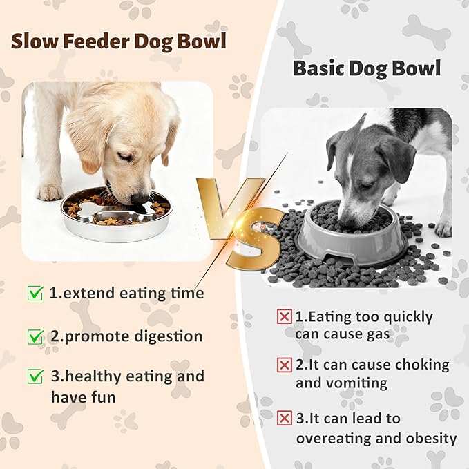 Slow Feeder Dog Bowls, 2 Pack 5 Cups Double-Sided 304 Stainless Steel Lick Plate & Slow Eating Bowl for Medium Large Dogs, Food-Grade Heavy Duty Metal Pet Food Holder Puzzle Maze Dish for Fast Eaters