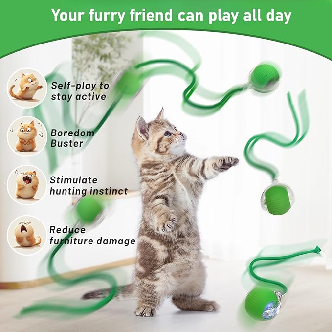 Smart Interactive Cat Toy - Automatic Moving Ball with 3 Modes, Motion Activated Self-Rolling with Long Tail & LED - Enrichment for Bored Indoor Cats (Green)