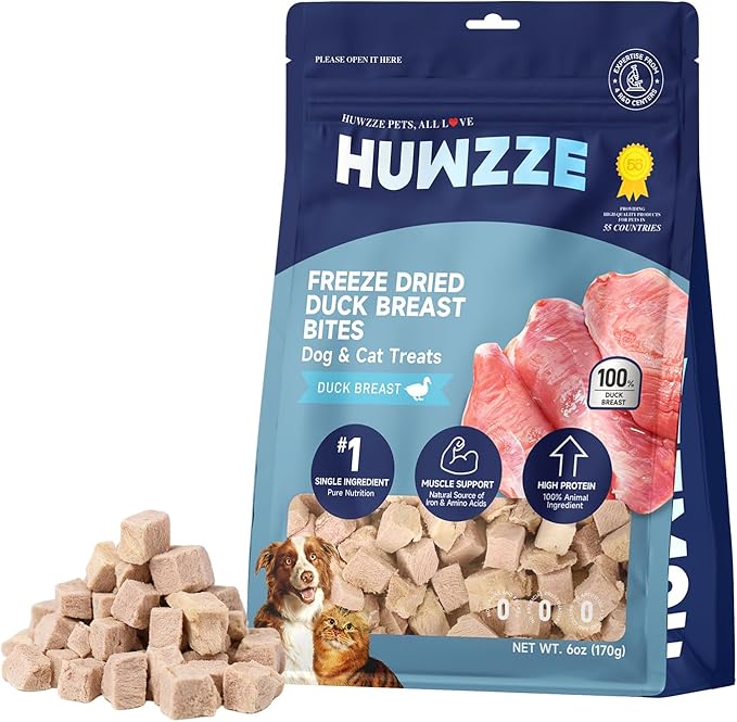 Freeze Dried Duck Breast Treats for Dogs & Cats, Single Ingredient High Protein Training Treats, Grain Free Raw Diet Meal Topper, 6 oz