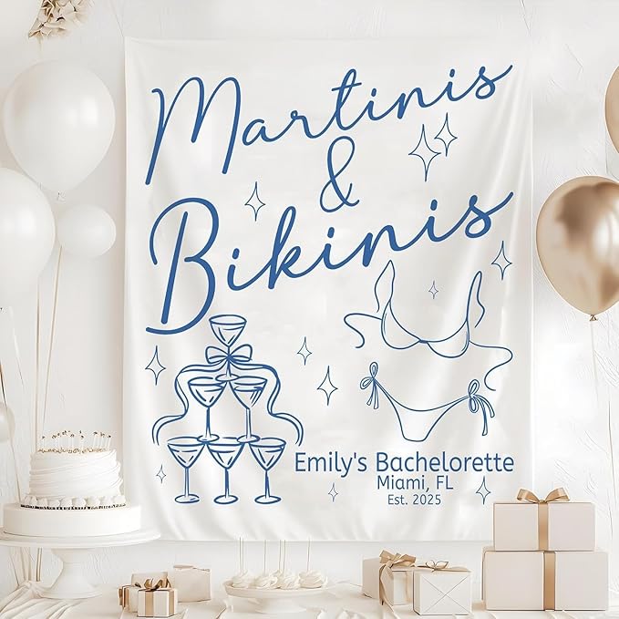 PHHUY Martinis and Bikinis Bachelorette Tapestry, Beach Party Wall Decor for Girls Weekend, Fun Tropical Coastal Theme Wall Hanging, Pre-Wedding Vibe Decoration, Cute Bridal Shower Beach Accent