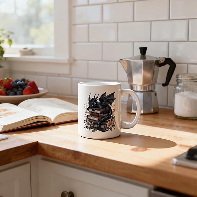 Book Lover Mug 11 oz, Book Lover Gifts for Women, Bookish Reader Bookworm Gifts Coffee Cups Ceramic, Black Floral Dragon Ceramic Mug for Coffee Tea Hot Cocoa Home Office Work