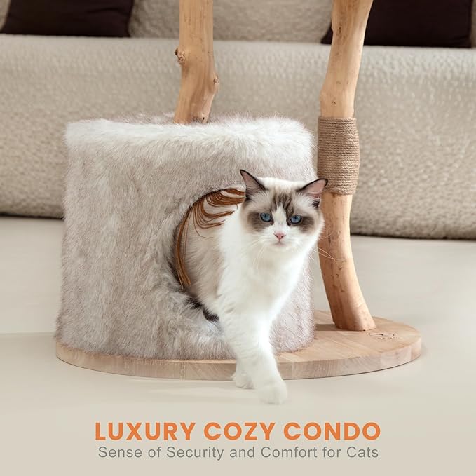 PEGIC Cat Tree Tower for Cats with Two Real Branches, 44 Inch Wood Modern Cat Tower with Luxury Cat Condo, Cat Scratching Post, Jumping Platforms, Cat Furniture (Long Plush)