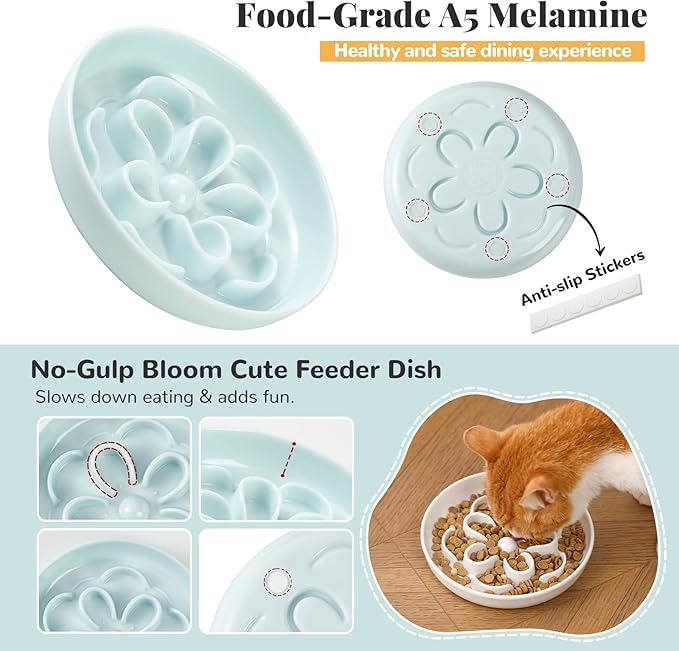 Melamine Cat Slow Feeder Bowl Set - Floral Maze Food Dishes for Cats and Small Dogs - Shallow Wide Plates for Dry & Wet Food - 3 Pack - White & Green & Blue