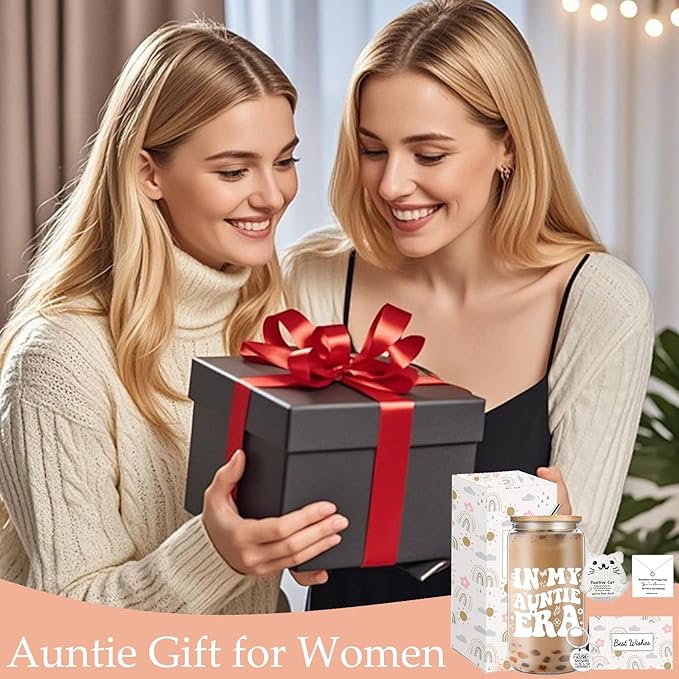 Aunt Christmas Gifts for Women, Best Auntie Birthday Gift ideas from Niece Nephew, 16 Oz Auntie Coffee Glass Thanksgiving Gifts Set for Her