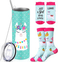 Funnymoom 2 Pack Cute Llama Gifts Set Skinny Tumbler 20 oz Travel Coffee Mug Novelty Cute Animals Socks, Christmas Birthday Party Gifts for Llama Themed
