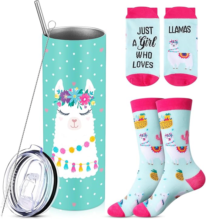 Funnymoom 2 Pack Cute Llama Gifts Set Skinny Tumbler 20 oz Travel Coffee Mug Novelty Cute Animals Socks, Christmas Birthday Party Gifts for Llama Themed