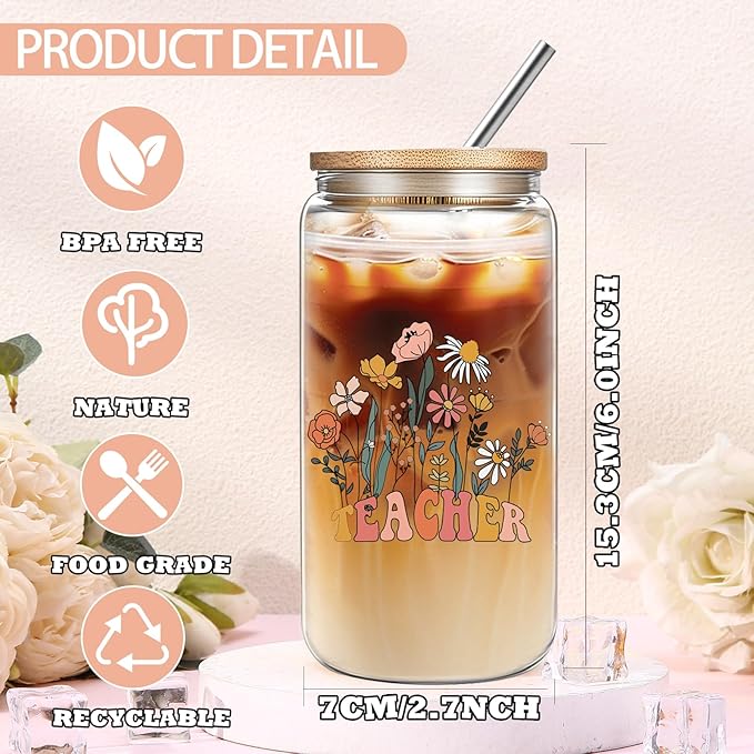 Best Teacher Appreciation Gifts, Teacher Gifts for Women, Thank You Birthday Gifts Set with 16 oz Glass Cup Necklace