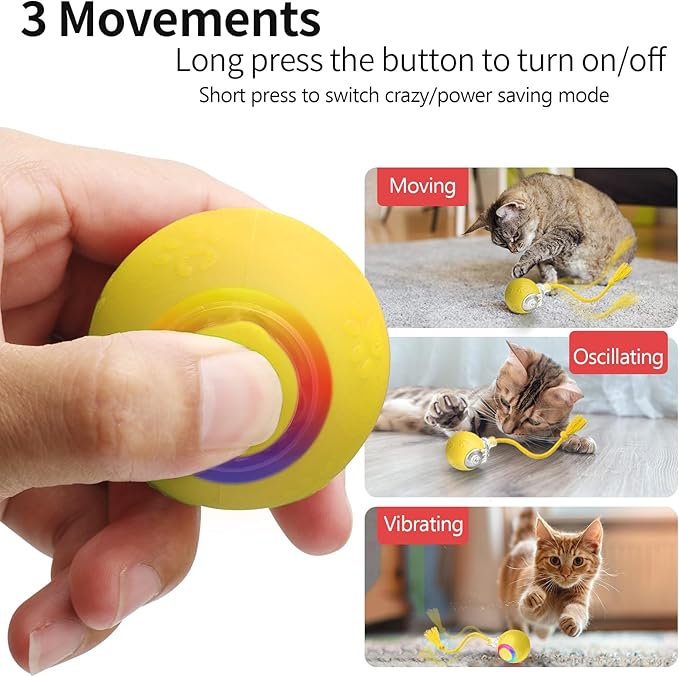 Interactive Cat Toys, Automatic Moving Cat Toys for Bored Indoor Adult Cats, Fast Rolling, Chirping & Motion-Activated Kitty Toys, Fun Gift for Cats with Speedy Tail 2.0, USB Rechargeable (Yellow)