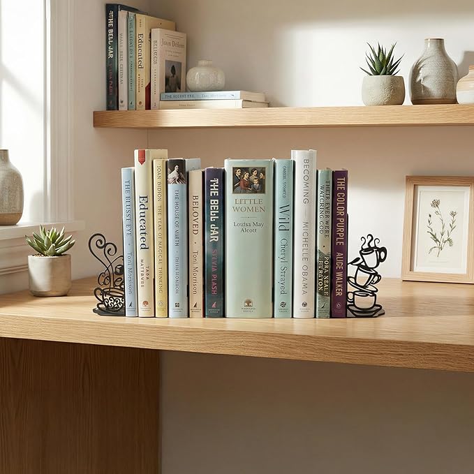 Creative Coffee Cup Decorative Bookend for Shelves, Metal Bookends for Heavy Books, Unique Cute Cookbook Organizer Book Holder for Kitchen Housewarming Cooking Book Lover Gifts