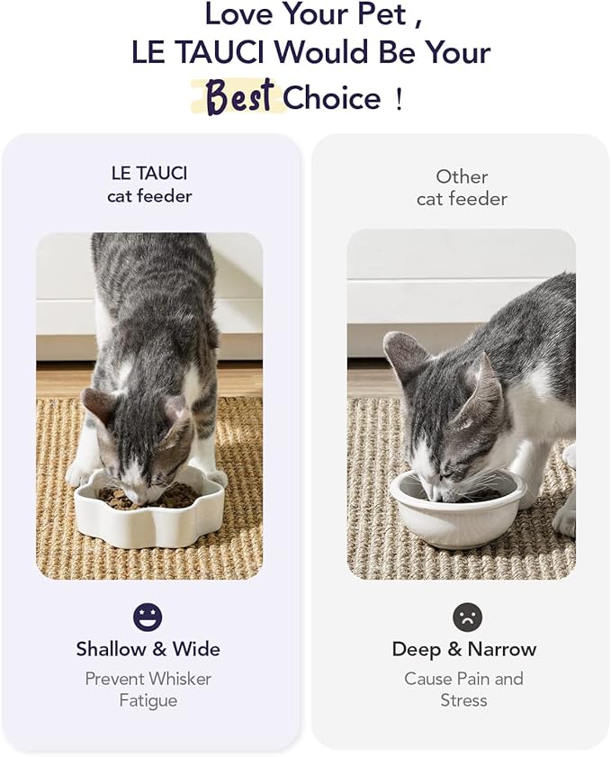 LE TAUCI Cat Food Bowl Ceramic, 8 oz Small Shallow for Indoor Kitten,Relief Whisker Fatigue Cute Paw Design Pet Dish with Slow Feed Function