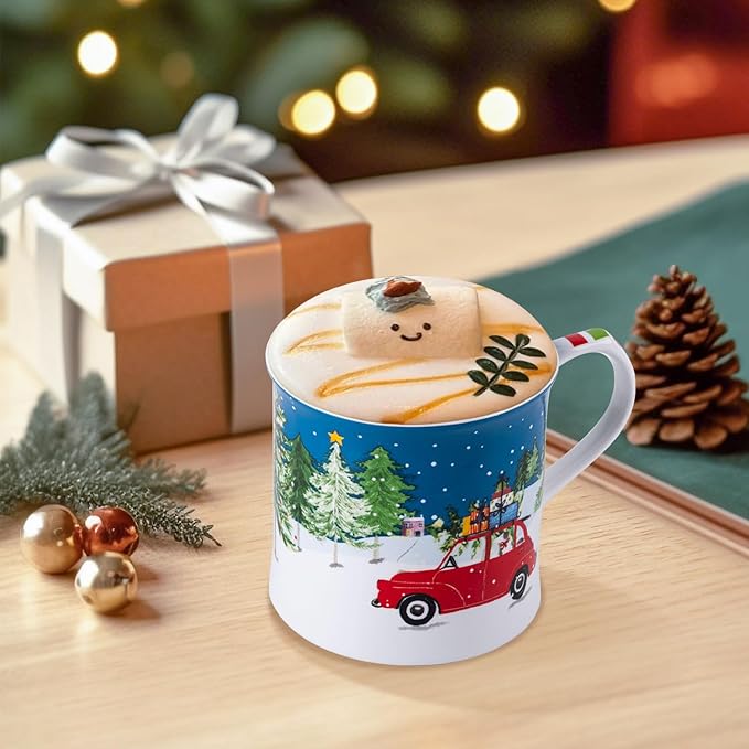 12 oz Christmas Car Coffee Mug, Festive New Bone China Mug with A Red Beetle in Snowy Winter Scene, Holiday Gift for Car Lovers, Kids & Family, Designed in England by Harvest Green Studio