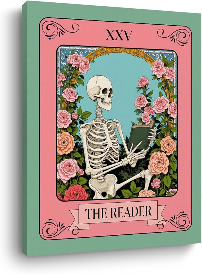 The Reader Tarot Card Wall Art, Funny Skeleton Wallpaper Artwork, Floral Framed Canvas Prints Whimsical Decor, Gothic Theme Prints for Living Room Entryway Bedroom Book Shelf 15x11.4 inch