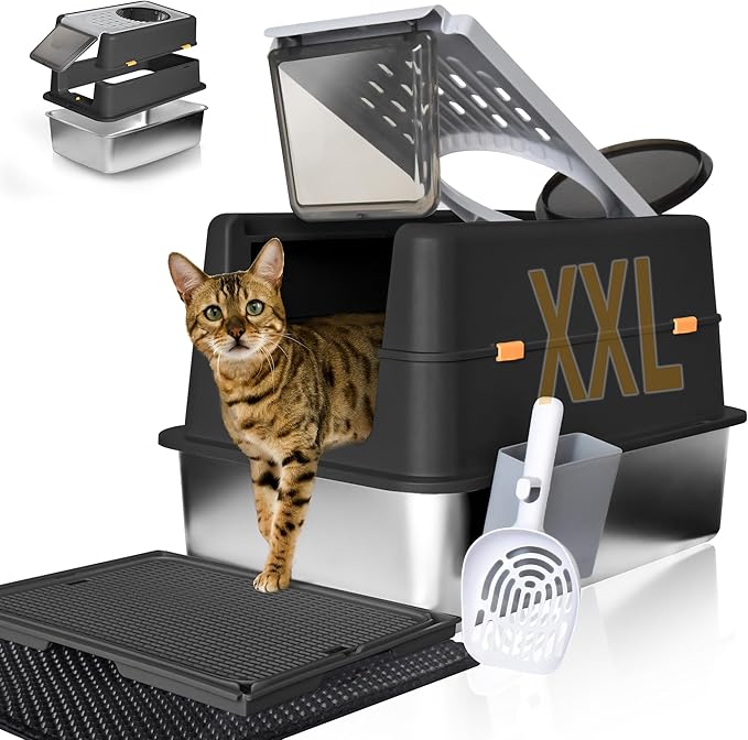 Ultimate Stainless Steel Litter Box with Lid - XXL Enclosed Anti-Leak Design for Big Cats, Non-Stick Easy Clean Metal Litter Box System with Scoop Set, High-Sided Urine Protection, Sleek Black