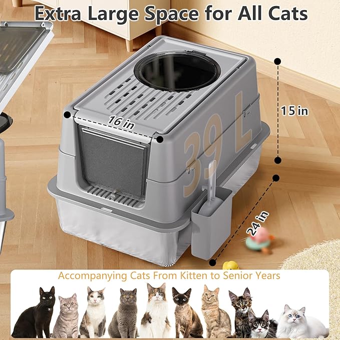 Ultimate Stainless Steel Litter Box with Lid - XL Enclosed Anti-Leak Design for Big Cats, Non-Stick Easy Clean Metal Litter Box System with Scoop Set, High-Sided Urine Protection, Sleek Grey