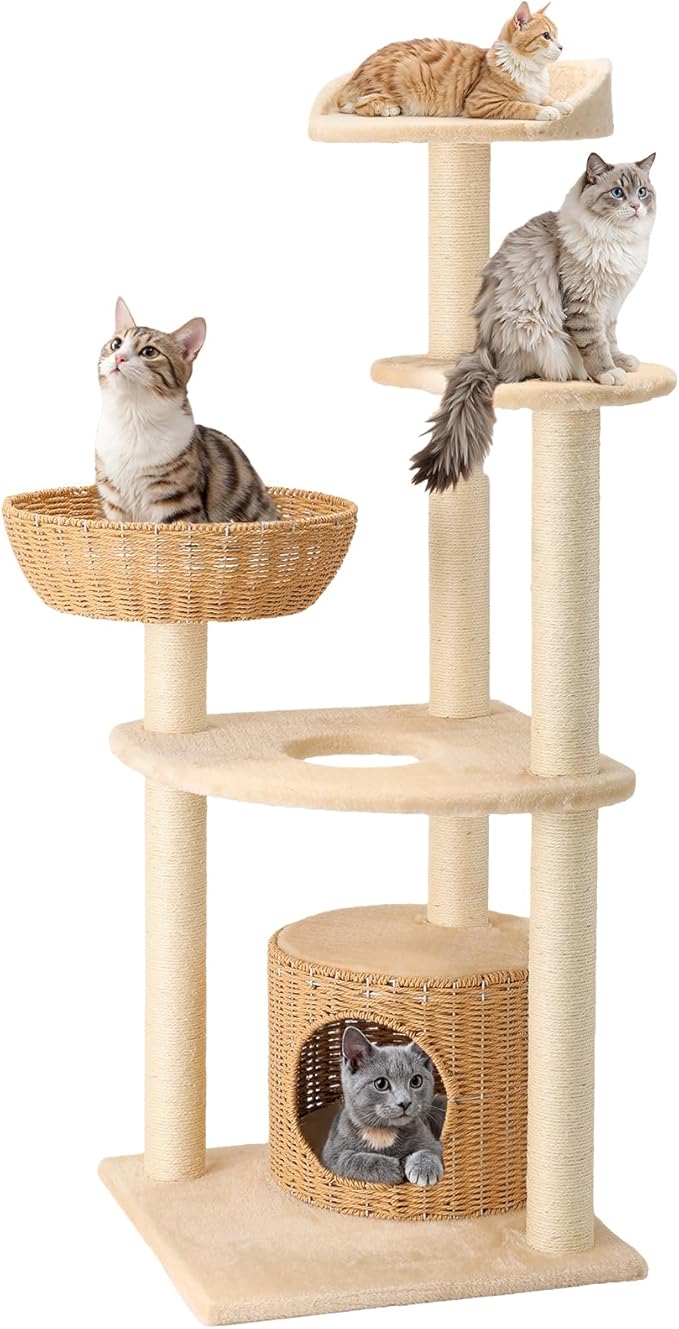 Modern Rattan Cat Tree House Condo Tall Heavy Duty Cat Climbing Tower with Scratching Post,Basket,Bed,and Stand for Indoor Large Adult Cat