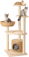 Modern Rattan Cat Tree House Condo Tall Heavy Duty Cat Climbing Tower with Scratching Post,Basket,Bed,and Stand for Indoor Large Adult Cat