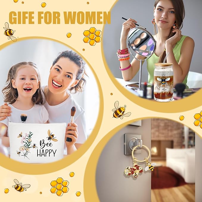 Hushee 3 Pcs Bee Theme Gifts for Mother Day Happy Makeup Bag and Glass Cup with Lid Straw Keychain Inspirational for Mom Friend Sister Coworker