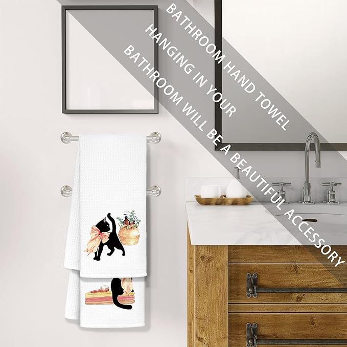 Jvpke Coquette Bow Black Cat Hand Towels Set of 4, Cat Lover Mom Lady Gifts, Cute Black Kitty Kitten Hand Towels for Bathroom, 16x24 Inch