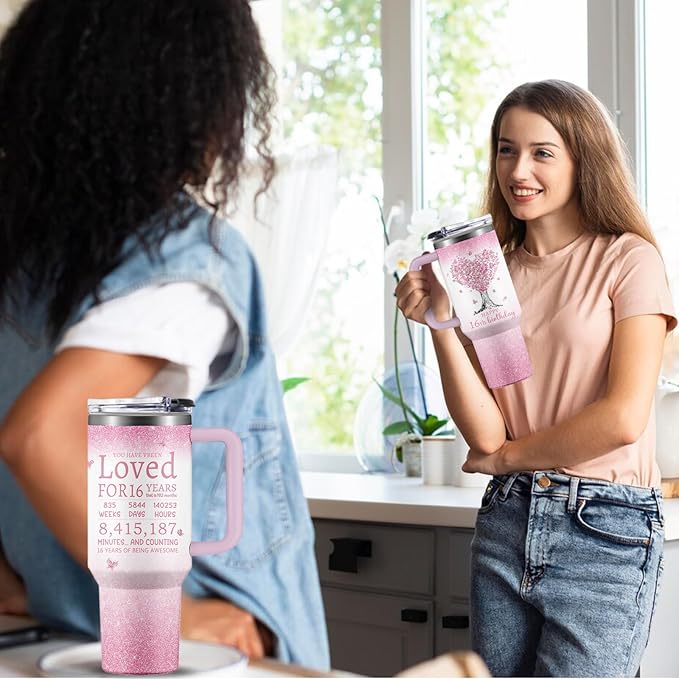 Gifts for 16 Year Old Girl - 16th Birthday Tumbler 40 oz with Straw, Pink Insulated Cup - Cool Birthday Present for Teen Girls, Daughter, Sweet 16 Gift