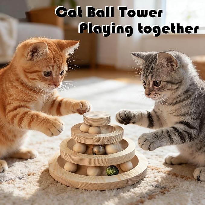 Cat Ball Track Toy with Catnip Ball and Metal Bell 3 Tier Cat Tower for Indoor Cats Wooden Interactive Cat Toy for Hunting Physical Exercise 9 Removable BallsPuzzle Kitten Toys