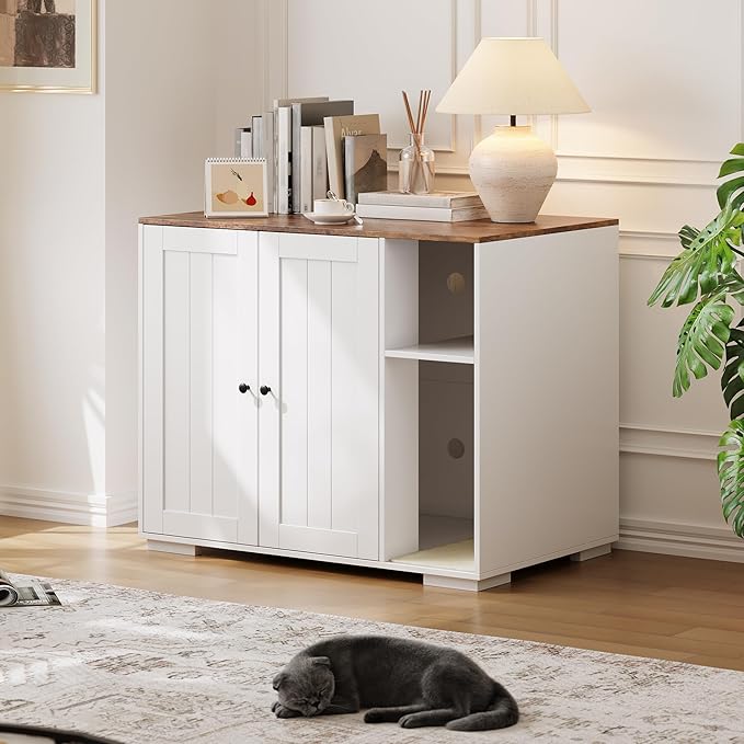 Garvee Dog-Proof Large Cat Litter Box Enclosure with Scratch Pad, Large Automatic Litter Box Furniture for Placing Self-Cleaning Litter Box,Litter Cabinet with Outlet,Space for Cat Stuffs