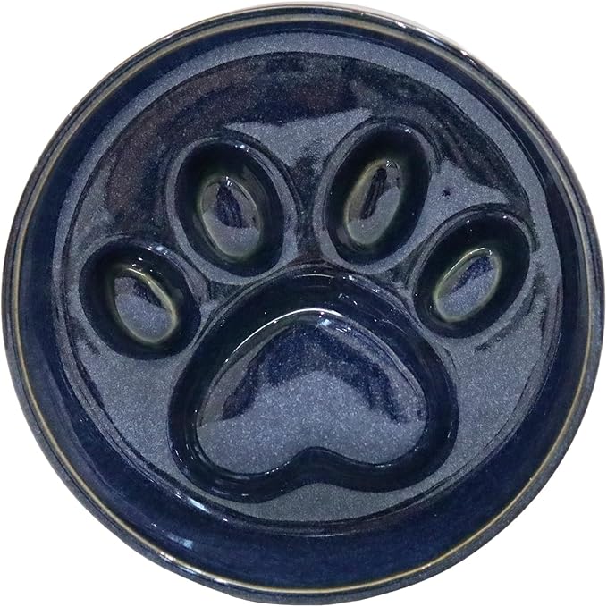 Ceramic Slow Feeder Bowl, 6.69 x 5.7 inches, Elevated Design with Paw Pattern, for Cats and Small Dogs (Dark Blue)