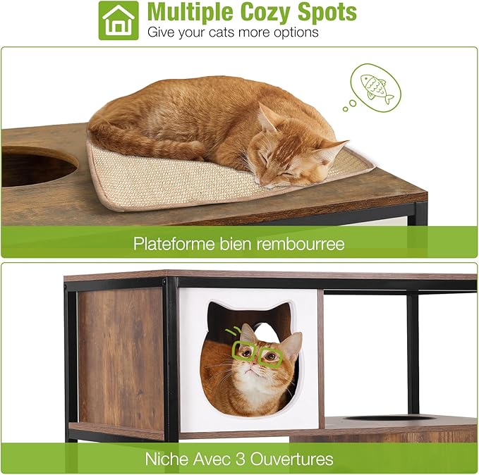 GUTINNEEN All-in-One Cat Litter Box Enclosure Hidden Litter Box Furniture with Cat Tree, Scratching Post, Cozy Cat Cave, Hanging Hammock, Storage Cabinet, Durable & Space-Saving (Brown)