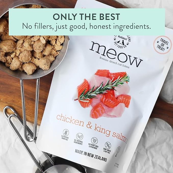 The New Zealand Natural Pet Food Co. Meow Freeze Dried Cat Food - Chicken & King Salmon Recipe, High Protein Cat Treats & Toppers, Dry Food,1.76oz