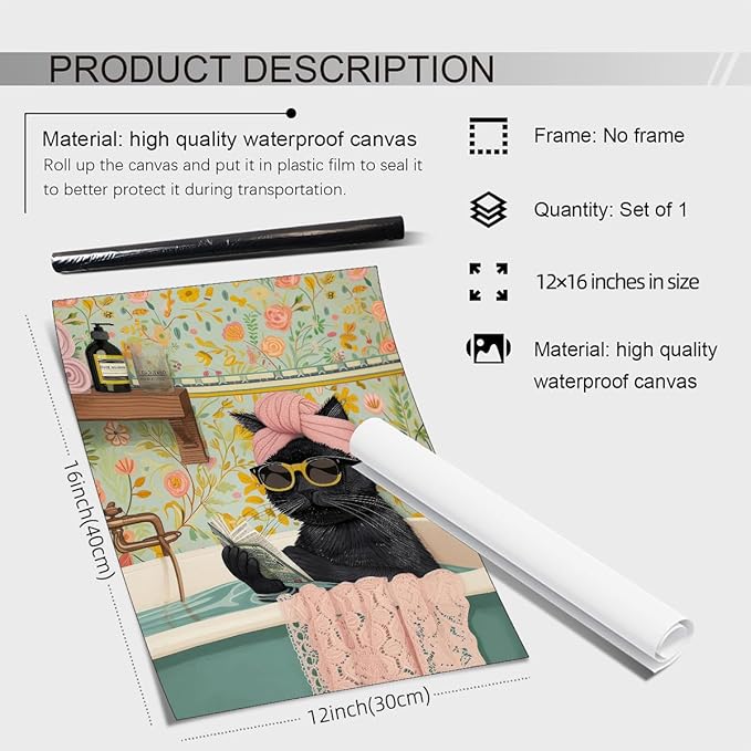 OMANI Funny Black Cat Bathroom Wall Art Cute Animal Reading Poster Trendy Preppy Aesthetic Canvas Prints for Living Room Bedroom Toilet Kids Room Wall Decor 12x16 inch Unframed