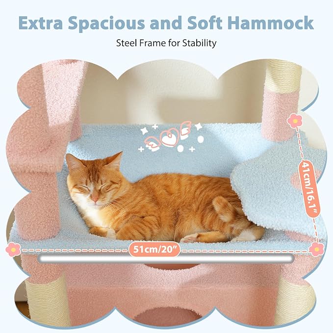 PAWZ Road Flower Cat Tree, 72 Inches Large Cat Tower with Steel Frame Hammock and 7 Scratching Posts, Tall Cat Tree with 2 Condos and Perches for Large Indoor Cats - Blue
