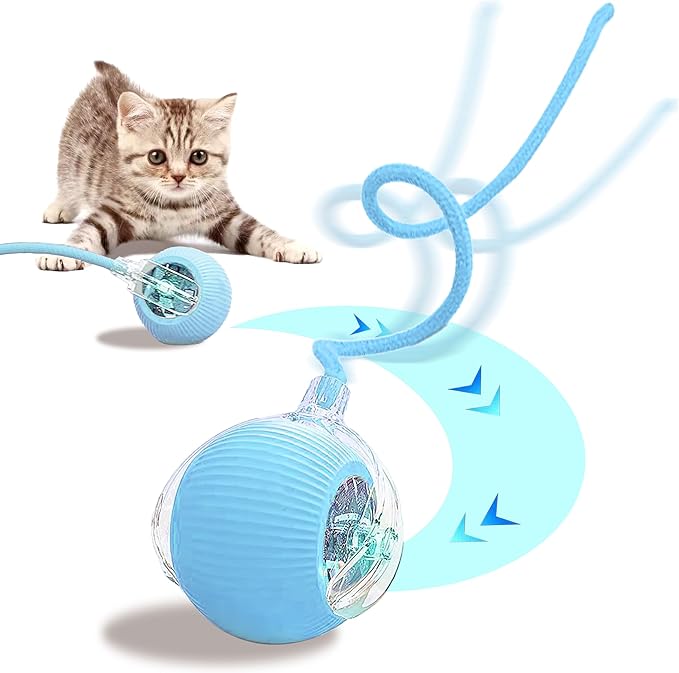 Interactive Cat Toys, 2025 Upgraded Cat Ball Automatic Moving with Tail, Interactive Kitty Toy for Indoor Cats, Smart 360° Self Rolling Dog Ball Toys (Blue)
