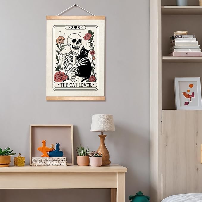 HEYJEEPER The Cat Lover Tarot Card Wall Art Decor,14x18inch Retro Skeleton and Cats Linen Wall Hanging Poster with Wood Hanger,Funny Gift for Cat Lovers,or Pet Shop(Cat01)