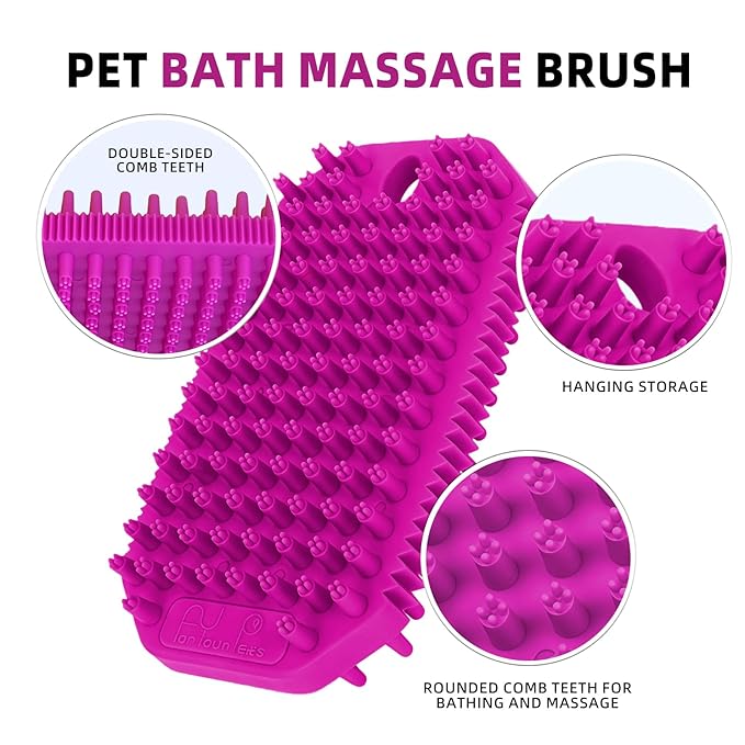 Rose Red 2-in-1 Double Sided Pet Bath Brush Dog Washing Brush Fine Pin Cat Deshedding Brush with Massage Pin Pet Grooming Tool for Dogs and Cats Remove Loose Hair Deep Cleansing
